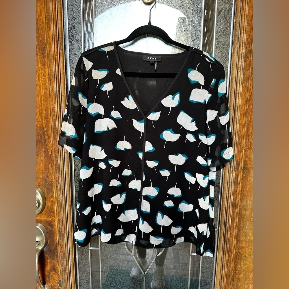 DKNY Black and Blue Patterned Blouse
